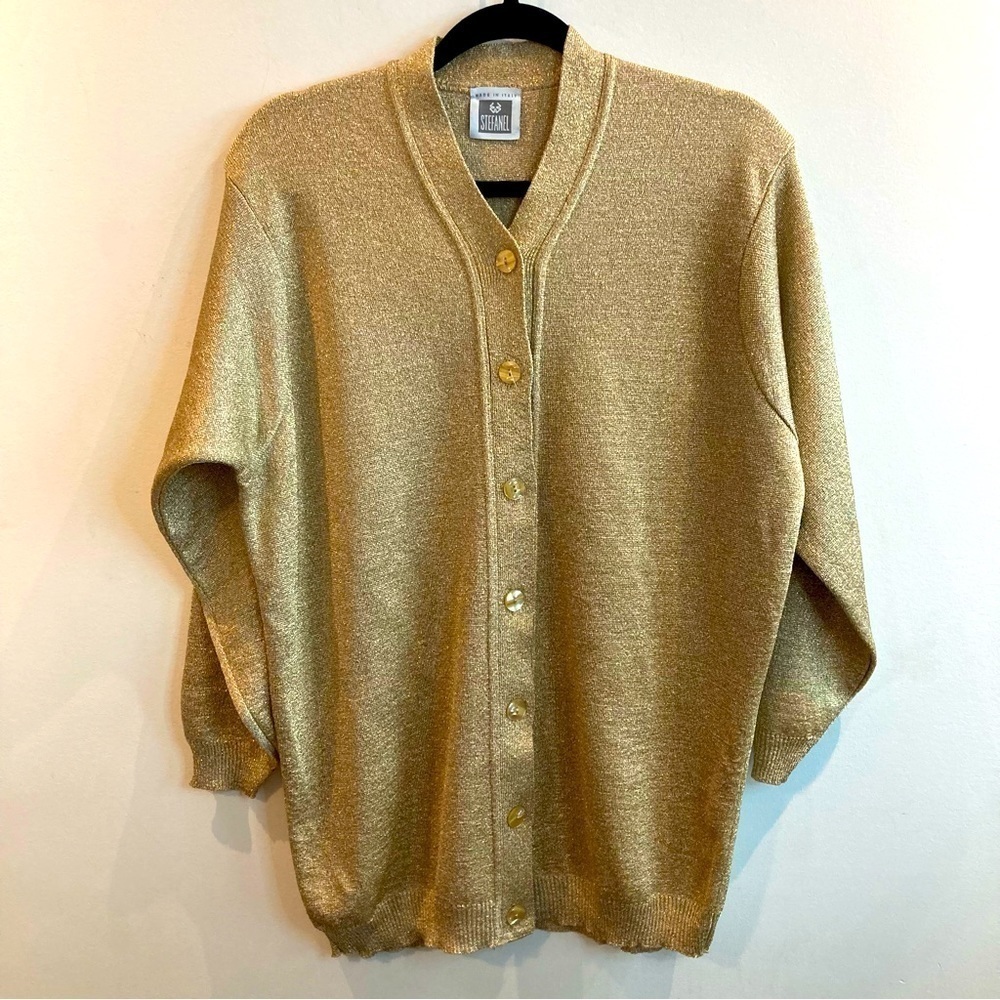 STEFANEL Sz S 65% Cupro Oversized Made in Italy Gold Metallic Buttons Cardigan